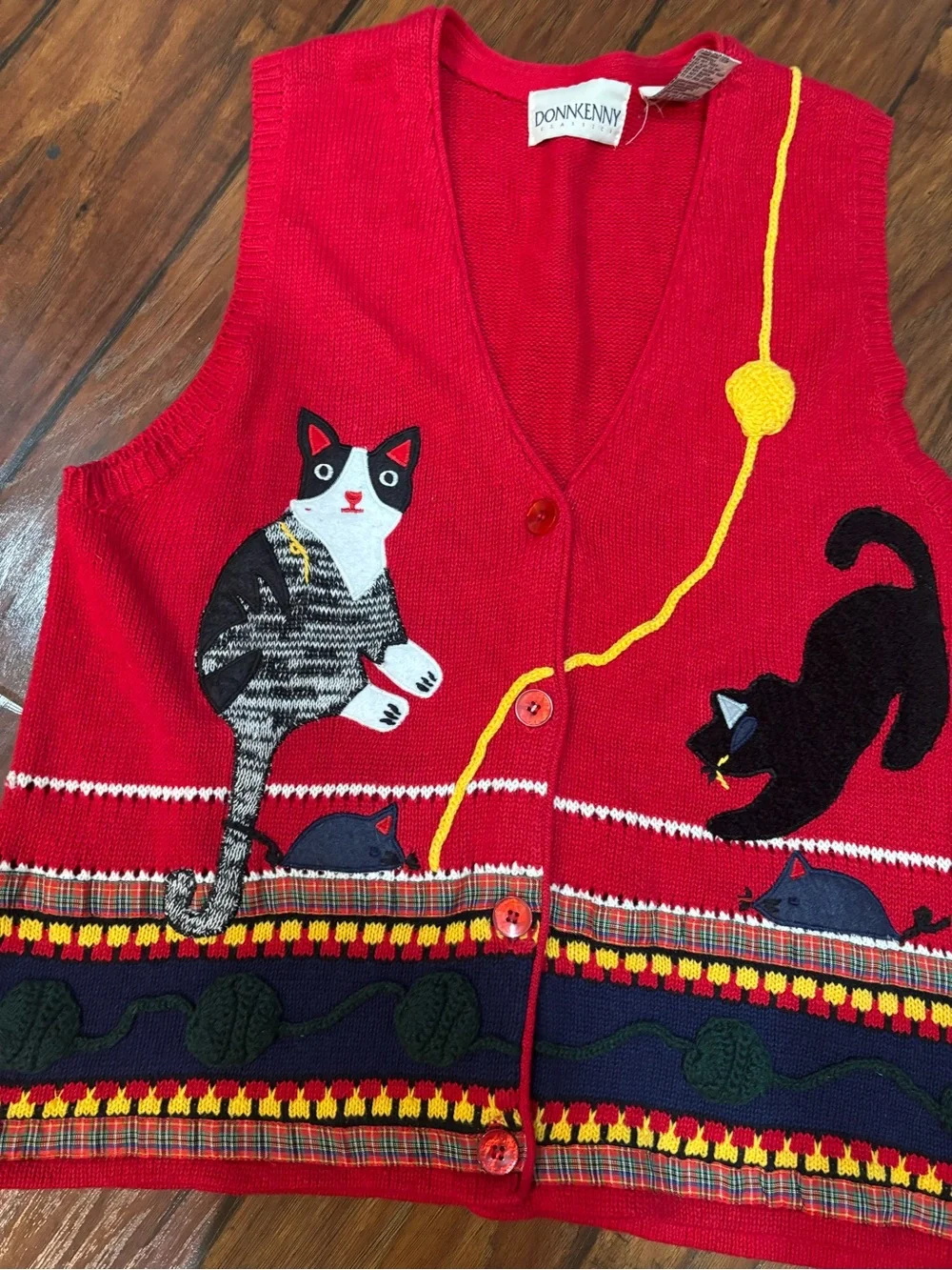 Grandma Core Adorable Red Cat Pattern Pet Lovers Knit Vest 1X